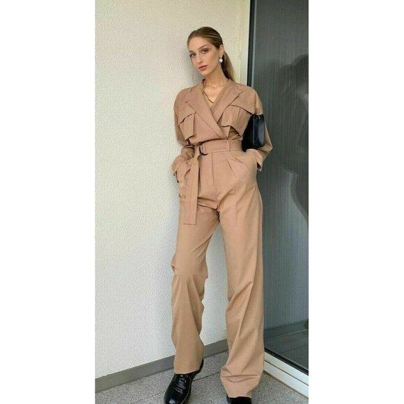 Zara Long Utility V-Neck Jumpsuit Straight Leg Belted In Camel Contemporary M - Picture 2 of 13